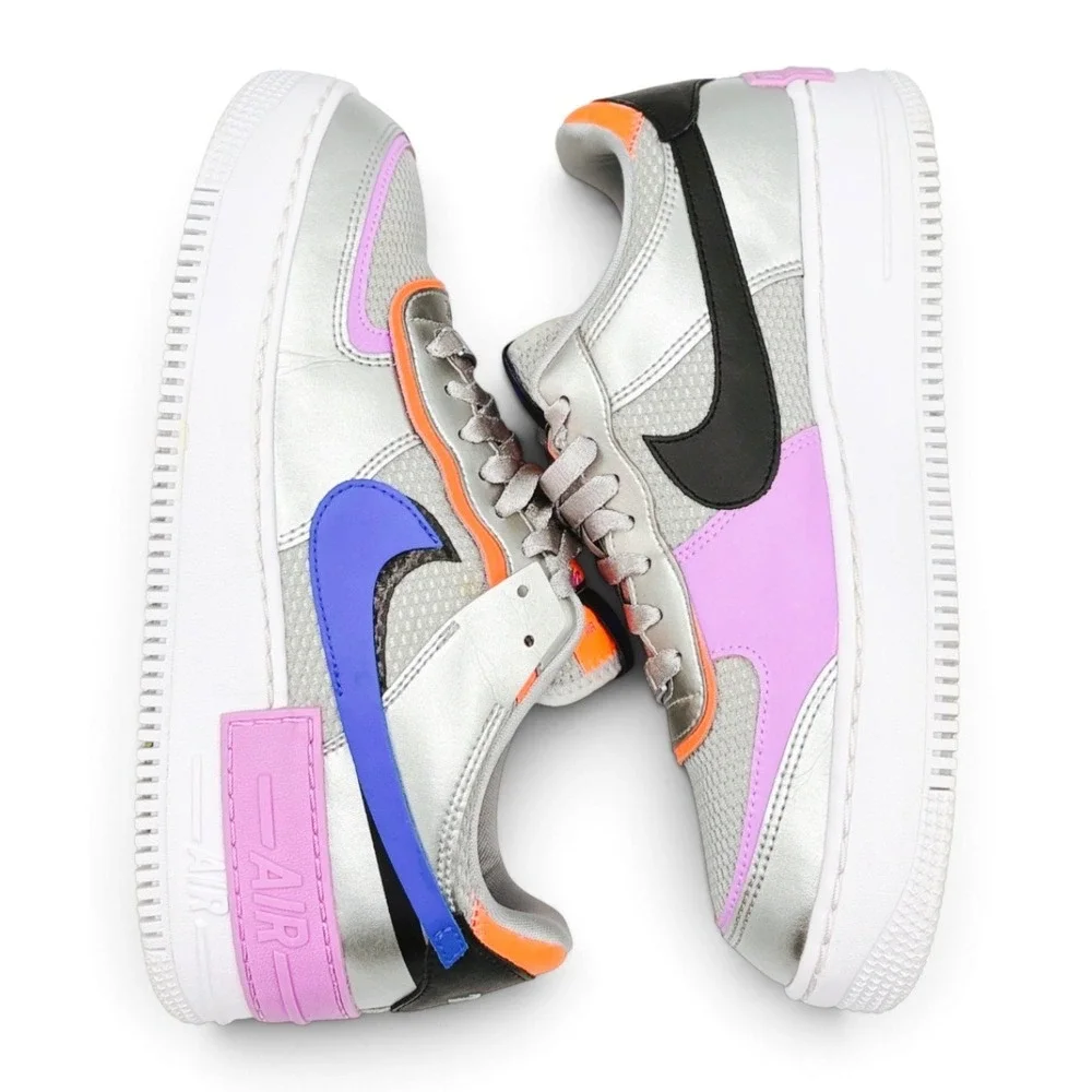 Nike Air Force 1 Shadow Women 9.5 Metallic Silver Pink Blue Shoes CW6030-001 AF1
